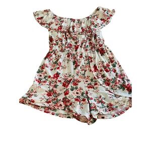 Womens Off Shoulder Floral Romper Ruffle Short Sleeve Smocked Waist